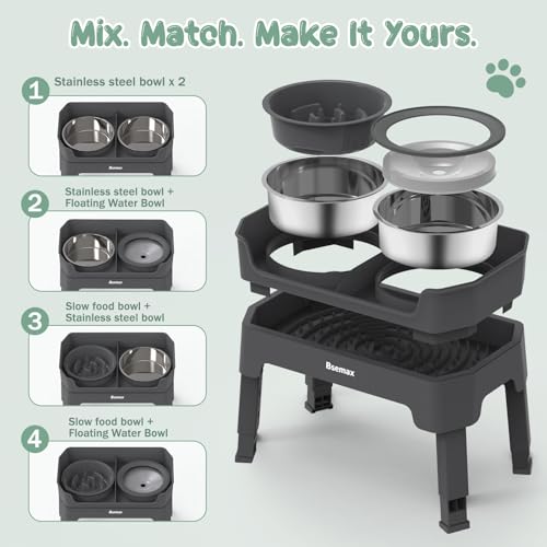 4 in 1 Adjustable Elevated Dog Bowls with 2*Stainless Steel Bowls, Anti-Spill Water Bowl, 4 Heights Raised Dog Bowl Stand for Small to Medium & Growing Large Puppies, Anti-Slip, Mess Proof Design - color: Gray