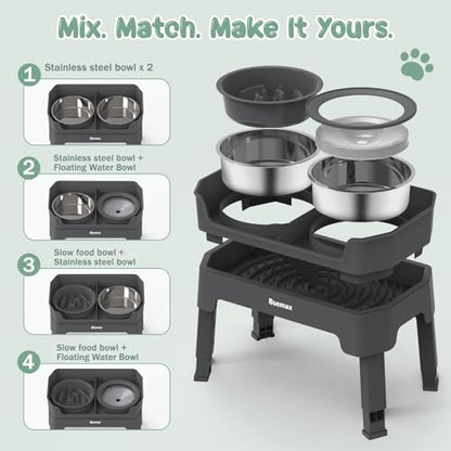 4 in 1 Adjustable Elevated Dog Bowls with 2*Stainless Steel Bowls, Anti-Spill Water Bowl, 4 Heights Raised Dog Bowl Stand for Small to Medium & Growing Large Puppies, Anti-Slip, Mess Proof Design - color: Gray