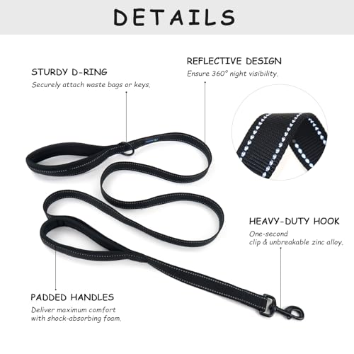 Wagtime Club Double Handle Dog Leash, 6ft Long Heavy Duty Dog Leash with Paded Traffic Handles for Extral Control and Training, Dual Handles Leads, Large Medium Small Dogs (Reflective Black) - color: Reflective Black