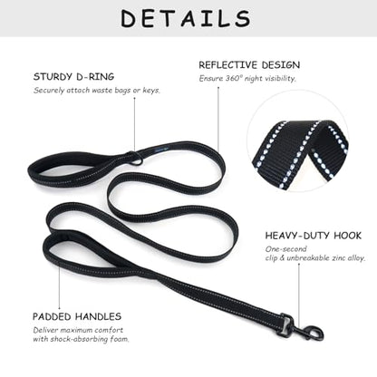 Wagtime Club Double Handle Dog Leash, 6ft Long Heavy Duty Dog Leash with Paded Traffic Handles for Extral Control and Training, Dual Handles Leads, Large Medium Small Dogs (Reflective Black) - color: Reflective Black