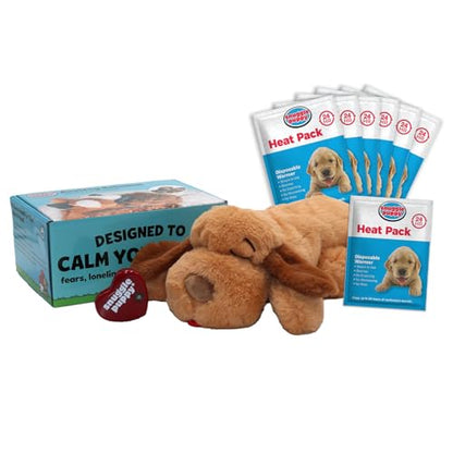 Snuggle Puppy Original Heartbeat Puppy Toy with Real-Feel Pulse & Heat Pack, Calming Sleep Aid for Puppy Anxiety, Crate Training, First Nights & New Puppy Transition - Biscuit Plus 6 Heat Packs - color: Biscuit