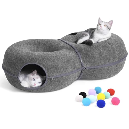 8-Shaped Large Cat Tunnel Bed for Indoor Cats, Infinite Circulation Peekaboo Cat Cave with 12 Toy Balls, Cat Donut Tunnel for Cats up to 30 Pounds (Dark Grey, L 38x24x11in) - color: Dark Grey