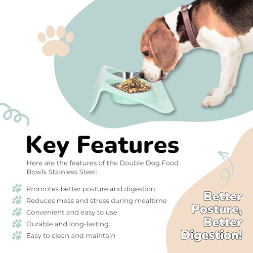 Double Dog Food Bowls Stainless Steel - Puppy Food and Water Bowl Set with Weighted Non-Slip Base - Non-Skid Design - Dog Bowl Set for Puppy Cats Kitten Small Medium Dogs - Blue - color: Blue