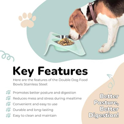 Double Dog Food Bowls Stainless Steel - Puppy Food and Water Bowl Set with Weighted Non-Slip Base - Non-Skid Design - Dog Bowl Set for Puppy Cats Kitten Small Medium Dogs - Blue - color: Blue