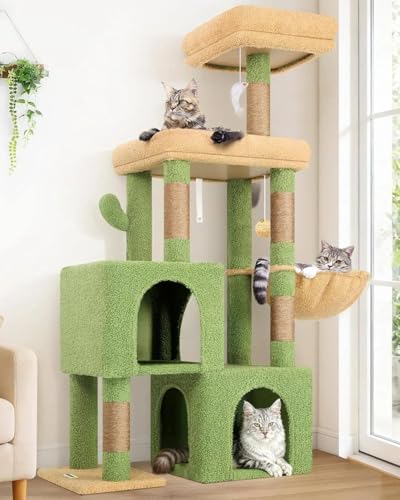 Globlazer Cactus Cat Tree Condo Tower for Indoor Cats, 52in Multi-Level Cat Scratching Tree with 2 Cat Condos, 5 Sisal Scratching Posts, 2 Padded Perches, Sturdy Basket, Widened Base, S52, Green - color: Cactus Green