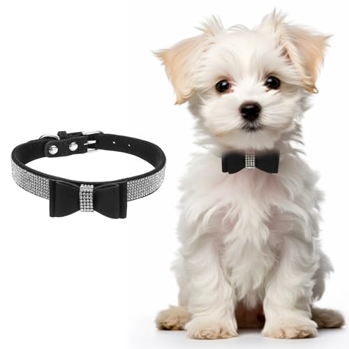 Cute Dog Collar with Bling Rhinestone, Bling Dog Collar Adjustable Leather Diamond Sparkling Jewel Accessories 17", (Black), Intended for Teacup/Cat/Small Medium Large Pet - color: Black, size: 17 Inch