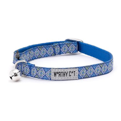 THE WORTHY DOG Patterned Medallion Cat Collar with Bell, Adjustable Nylon Safety Collar, Blue, One Size - color: Blue-Medallion