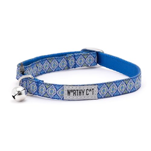 THE WORTHY DOG Patterned Medallion Cat Collar with Bell, Adjustable Nylon Safety Collar, Blue, One Size - color: Blue-Medallion