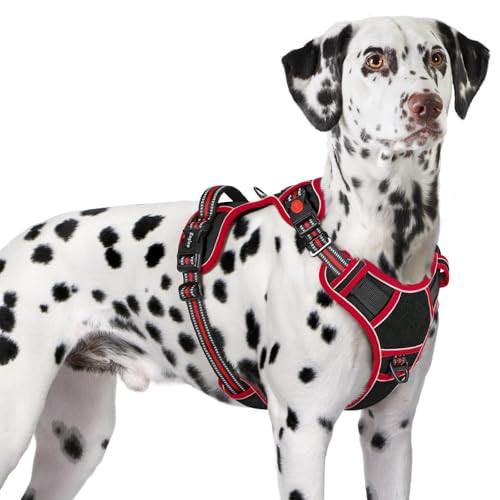 Dog Harness for Large Dogs, Easy Wearing with 3 Buckles, Adjustable No Pull Pet Harness with 2 Rings for Walking, No Chock Reflective Soft Padded Vest with Control Handle, Black & Red, XL - color: Black & Red, size: X-Large