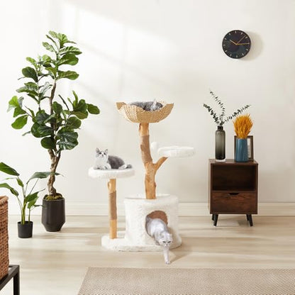 Unipaws Modern Cat Tree Tower for Small and Large Cats, Real Solid Wood Branch Luxury Cat Condo with Scratching Post and Cat Bed, Indoor Furniture for Cat Lover Gifts - size: Cat Tree (2 Platforms & 1 Basket)