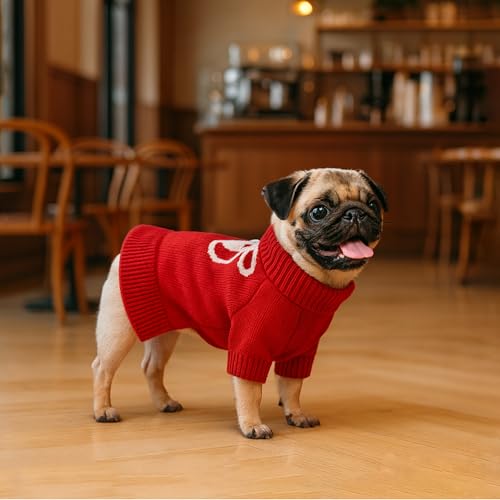 Bowknot Dog Sweater Dress for Small Dogs Girl, Stretchy Pet Sweaters Pullover Coats, Fall Winter Warm Dog Turtleneck Sweater (Red, M) - color: Red, size: Medium (9-15lbs)