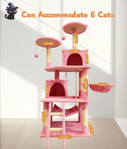 Cat Tree 60.63 inches Cat Tower for Indoor Cats, Multi-Level Cat Condo Furniture with Scratching Posts, Plush Perches, Activity Center with Cozy Basket & Hammock for Cats (Pink) - color: Pink