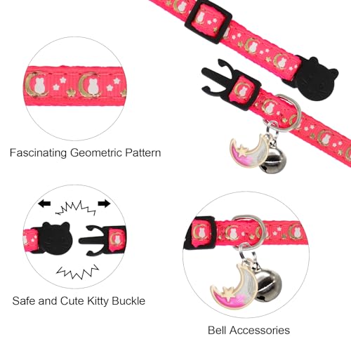 2 Pack Breakaway Cat Collar with Bells, Adjustable Moon and Star Kitten Safety Collars for Boys & Girls, Black+Hotpink - color: Black+Hotpink