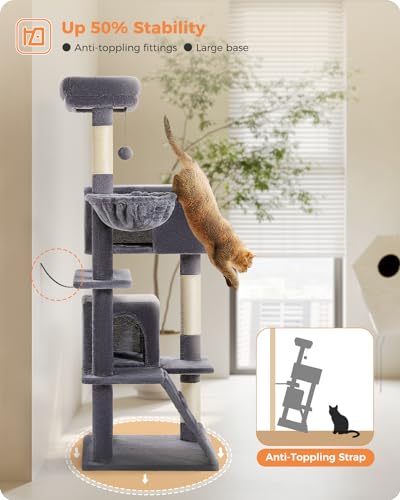 MUTTROS Cat Tree for Large Cats Adult with Super Large Top Perch, 56.3" Tower with Plush Hammock, Shelves and Dangling Pompom, Scratching Posts and 2 Condos House, Dark Gray - color: Dark Gray, size: 56.3inch