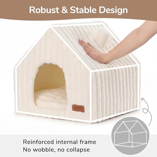 FUKUMARU Cat Houses for Indoor Cats, Washable Cute Cat Bed Cave with Removable Pillow, Large Semi-Enclosed Cozy Dog House Indoor, Soft Faux Rabbit Fur Kitten Bed, 17.5-Inch Cat Hideaway, Cream - color: Cream