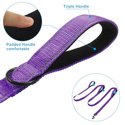 Jiozermi 10ft Dog Leash with 3 Handles, Heavy Duty Dog Lead with Padded Traffic Handle, Reflective Stitching Large Leash for Running Walking Training(Purple) - color: Purple