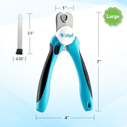 Boshel Large Dog Nail Clippers with Safety Guard to Avoid Over-Cutting Nails and Free Nail File, Razor Sharp Blades, Professional at Home Grooming - size: Large/Medium