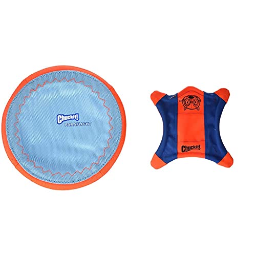 Chuckit! Paraflight Flying Disc Dog Toy, Small (6.75") and Chuckit! Flying Squirrel Fetch Dog Toy, Size Medium (9.5" Diameter) - size: Small, style: Flyer + Dog Toy, (Orange/Blue)