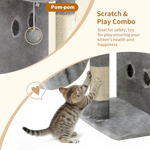 Heybly Cat Tree, 26.3-inch Cat Tower with Spacious Top Perch for Large Cats, Stair-Style Cat House Furniture with Dual-Layer Condos, Sisal Scratching Posts, Cozy Basket & Pompom, Light Gray HCT204SW - color: Light Gray, size: 26.3 Inch