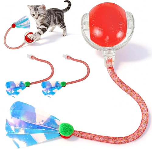 Rocfish Cat Toys, Cat Toys for Indoor Cats, Cat Toys Interactive, 360° Rotating Automatic Interactive Cat Ball, Smart Activation, LED Light, Type-C Rechargeable, 3 Replaceable Dragonfly Tails (Red) - color: red-N