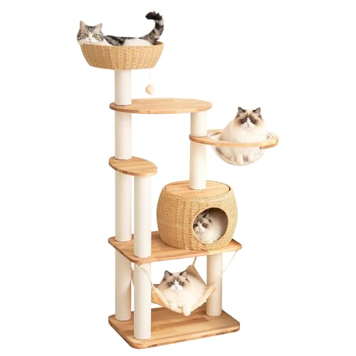 Wood Cat Tree for Large Cat, 57-Inch Tall Cat Tower with Scratching Post for Indoor Cats, Multi-Level Cat Condo with Hand-Woven Cat Bed and Hammock Acrylic Bowl Easy to Clean (DC888) - color: Nature DC888