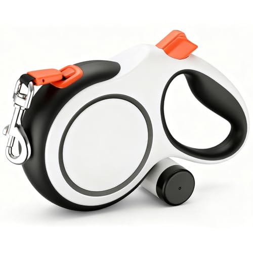 Segarty 26 Ft Walking Lead for Dogs 66 lbs - 110 lbs, 360°Tangle-Free 8m Retractable Long Leash with Detachable Poop Bag Holder for Pets Walk Outside, Anti-Slip Handle and One-Handed Brake Pause Lock - color: White-Orange, size: 26ft(up to 110 lbs)
