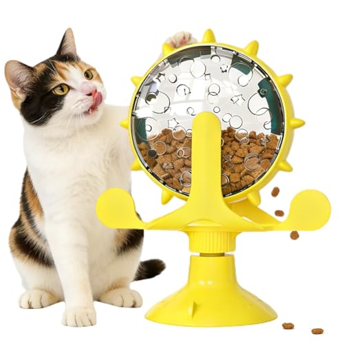 Cat Food Treat Dispenser Toy Interactive with 360°Rotating Windmill Suction Cup for Indoor Cats, Kittens & Small Dogs Slow Feeder Snack Exercise & Distribution Wheel Toy - color: Yellow- Pinwheel, size: Pinwheel
