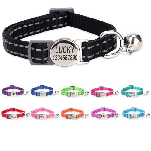 Engraved Personalized Cat Collar,Breakaway Safety Release Buckle,Reflective Kitten Collars with ID Name Tag,Adjustable Nylon Collar with Bell for Small Dogs Puppy Kitten Cat,Black (7.5''-12.0'') - color: Black