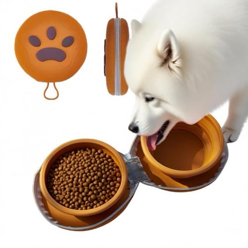 Bear Paw Foldable Pet Bowl, Dual Bowl Design for Food and Water,6.1in，Pink,Orange and Beige (Orange) - color: Orange