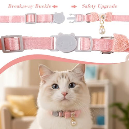 Cat Collar Breakaway, Adjustable Pink Cat Collar with Pearl Pendant, Cute Cat Collars with Safety Buckle Pink Bowtie Kitten Collars for Girl Cats