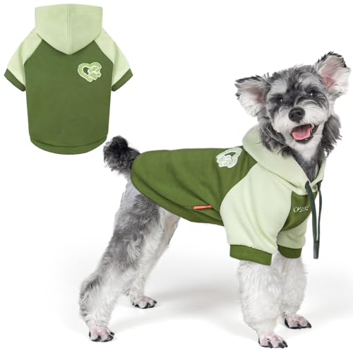 KYEESE Dog Hoodie Stretchy Warm Pet Clothes Comfort Cat Sweater Dogs Winter Coat for Cold Weather Pet Sweatshirt with Drawstring Soft Dog Clothes for Small Dogs Cat Coat with Leash Hole - color: 3#Green, size: Small (6-9lbs)