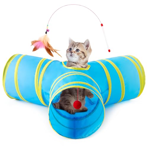 Tempcore Cat Tunnel for Indoor Cats, 3-Way Collapsible Play Tunnel with Teaser Wand, Peek Holes & Toy Ball, Small Pet Toy for Kittens & Rabbits, Blue & Yellow - color: 3-Way Blue&Yellow, size: 3-way
