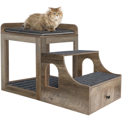 Cat Window Perch with Removable Stairs, Large Pet Bunk Bed with Drawer and Cushion for Cats and Dogs, Strong Frame Pet Bed for Bedside, Home, Indoor, Grey - color: Grey, size: Large