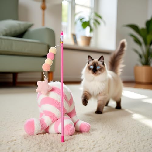 Pink Cat Stick Toy Elastic Rope Plush Ball Star Pendant Bite-Resistant Comfortable Grip Relieve Boredom Handmade Kitten Teaser Wand Cat Mice and Animals Toys