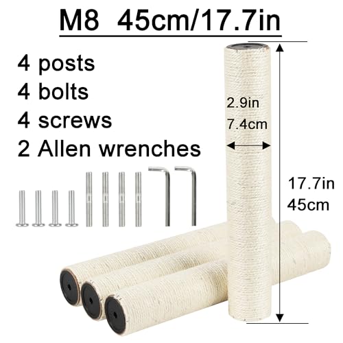 4 Pcs 2.9in 7.4cm Diameter Cat Tree Scratching Post Replacement Pole (M8, 17.7in/45cm) - color: 17.7in/45cm, size: M8*4posts