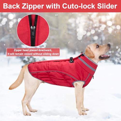 Dog Coat, Reflective Dog Jacket Waterproof Windproof Puppy Cold Weather Coats with Harness Built in, Winter Extra Warm Pet Coat Fleece Vest for Small Large Pets and Puppy (Red, Large) - color: Red, size: Large
