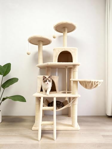 Cat Tree 60.63 inches Cat Tower for Indoor Cats, Multi-Level Cat Condo Furniture with Scratching Posts, Plush Perches, Activity Center with Cozy Basket & Hammock for Cats(Beige) - color: Beige