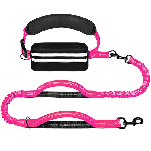 Hands Free Dog Leash with Zipper Pouch, Running Waist Leash for Dog Walking, Adjustable Waist Belt for Large Dogs, Reflective Bungee Design with Two Handle for Hiking, Training, Hot Pink - color: Hot Pink