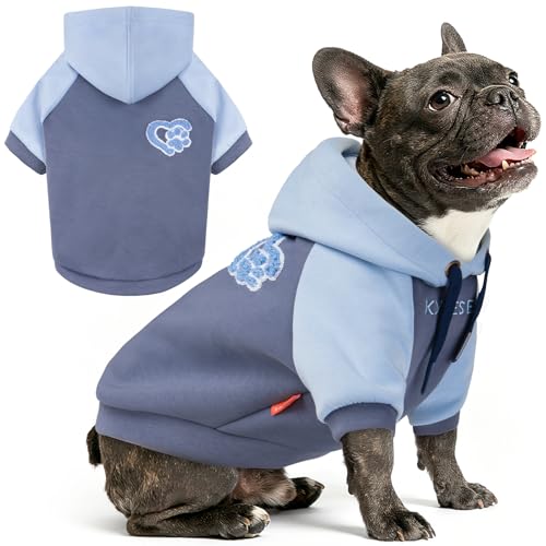 KYEESE Dog Hoodie Stretchy Cat Coat with Leash Hole Warm Pet Clothes Dogs Winter Coat for Cold Weather Pet Sweatshirt with Drawstring Comfort Cat Sweater Soft Dog Clothes for Small Dogs - color: 5#Blue, size: Large (14-24lbs)