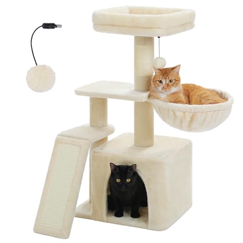 PETEPELA Small Cat Tree for Indoor Cats, 32'' Cute Cat Tower Cat Condo with Sisal Scratching Ramp, Cozy Hammock and Removable Top Bed Perch for Kittens, Beige - color: Beige, size: Scratching Tree
