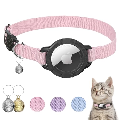 AirTag Cat Collars, Stretchy Collar with Apple AirTag Holder and Bell, Breakaway Ultra Design Elastic GPS Tracking Collars for Cats and Puppies, (7.5-12.5 Inch), Pink - color: Pink