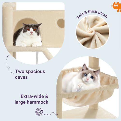 Allewie 81 Inches Tall Cat Tree/Multi-Level Large Climbing Tree House and Towers for Big Feline/Condo and Hammock/Scratching Post/Wide Base/Beige - color: Beige