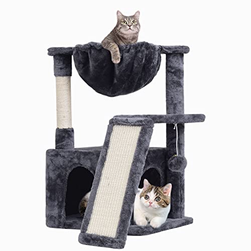 SYANDLVY 23.62" Cat Tree for Indoor Large Cats, Cat Tower with Scratching Posts & Board, Modern Cat Bed Furniture with Condo & Basket (Smoky Grey) - color: Smoky