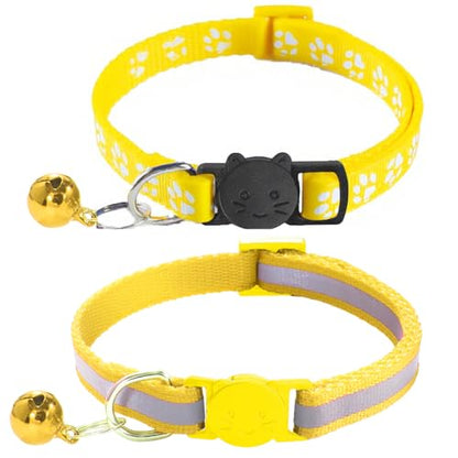 2 Pack Breakaway Cat Collars with Bells, Reflective Design and Claw Print Design, Safety Buckle Kitten Collars Adjustable from 7.5 to 12.5 Inches (Yellow) - color: Yellow