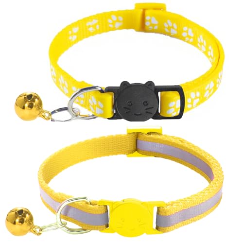 2 Pack Breakaway Cat Collars with Bells, Reflective Design and Claw Print Design, Safety Buckle Kitten Collars Adjustable from 7.5 to 12.5 Inches (Yellow) - color: Yellow