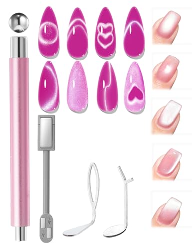 modelones Cat Eye Gel Polish Nail Magnet, 3-in-1 Cat Eye Magnet Pen & Heart-Shaped for Nail Art Tool Cylindrical & Ball &Lightning Circle Cat Eye Magnet for Cateye Gel Polish DIY Salon - color: A A 3-in-1 Double Head Cat Eye Magnet