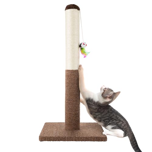 PETMAKER Cat Scratching Post - Tall Scratcher for Cats and Kittens with Sisal Rope and Carpet, Hanging Mouse Toy for Interactive Play (24.5 Inch) - color: Brown