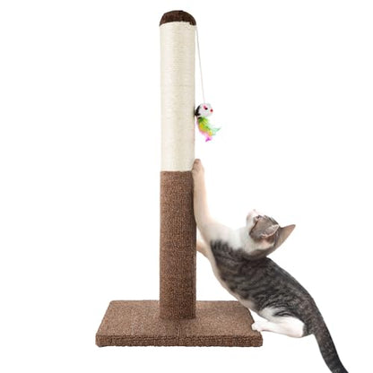 PETMAKER Cat Scratching Post - Tall Scratcher for Cats and Kittens with Sisal Rope and Carpet, Hanging Mouse Toy for Interactive Play (24.5 Inch) - color: Brown