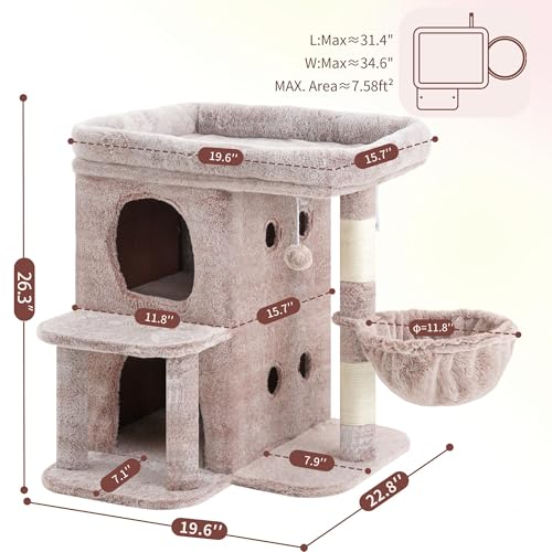 Heybly Cat Tree, 26.3-inch Cat Tower with Spacious Top Perch for Large Cats, Stair-Style Cat House Furniture with Dual-Layer Condos, Sisal Scratching Posts, Cozy Basket & Pompom, Muchroom HCT204SMU - color: Muchroom, size: 26.3 inch