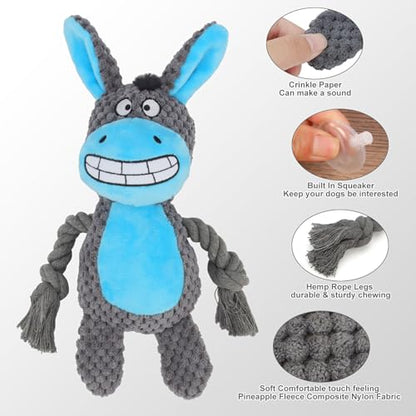 Dog Toys, Dog Squeaker Toys with Crinkle Paper, Stuffed Animal Dog Plush Chewing Toy, Cotton Rope Interactive Toys for Puppy, Small, Middle Dogs (Dark Gray Donkey) - color: Dark Gray